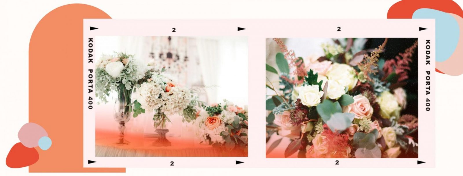 A graphic created with funky shapes featuring wedding florals.