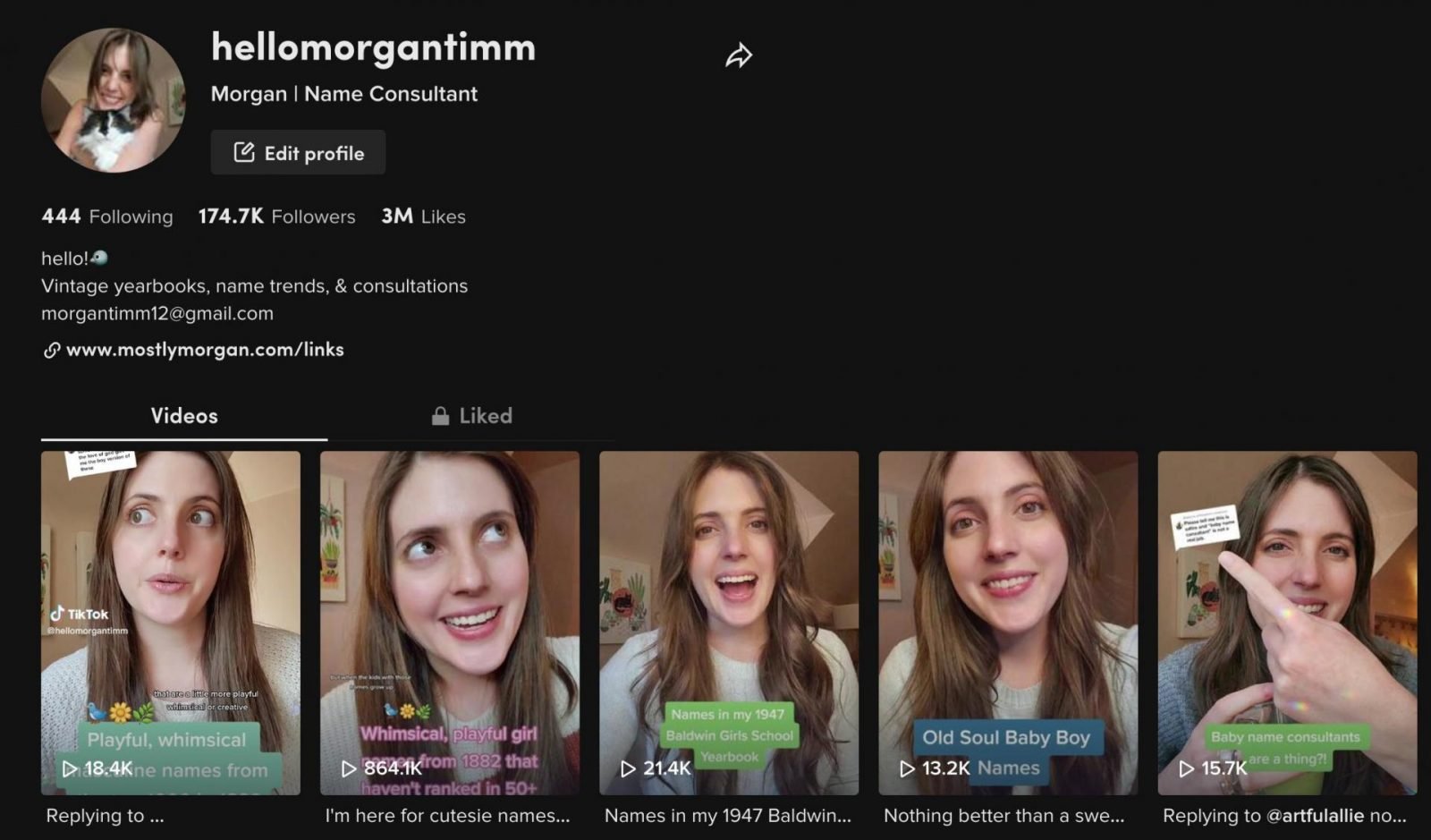 Screenshot of a name consultant profile on tiktok